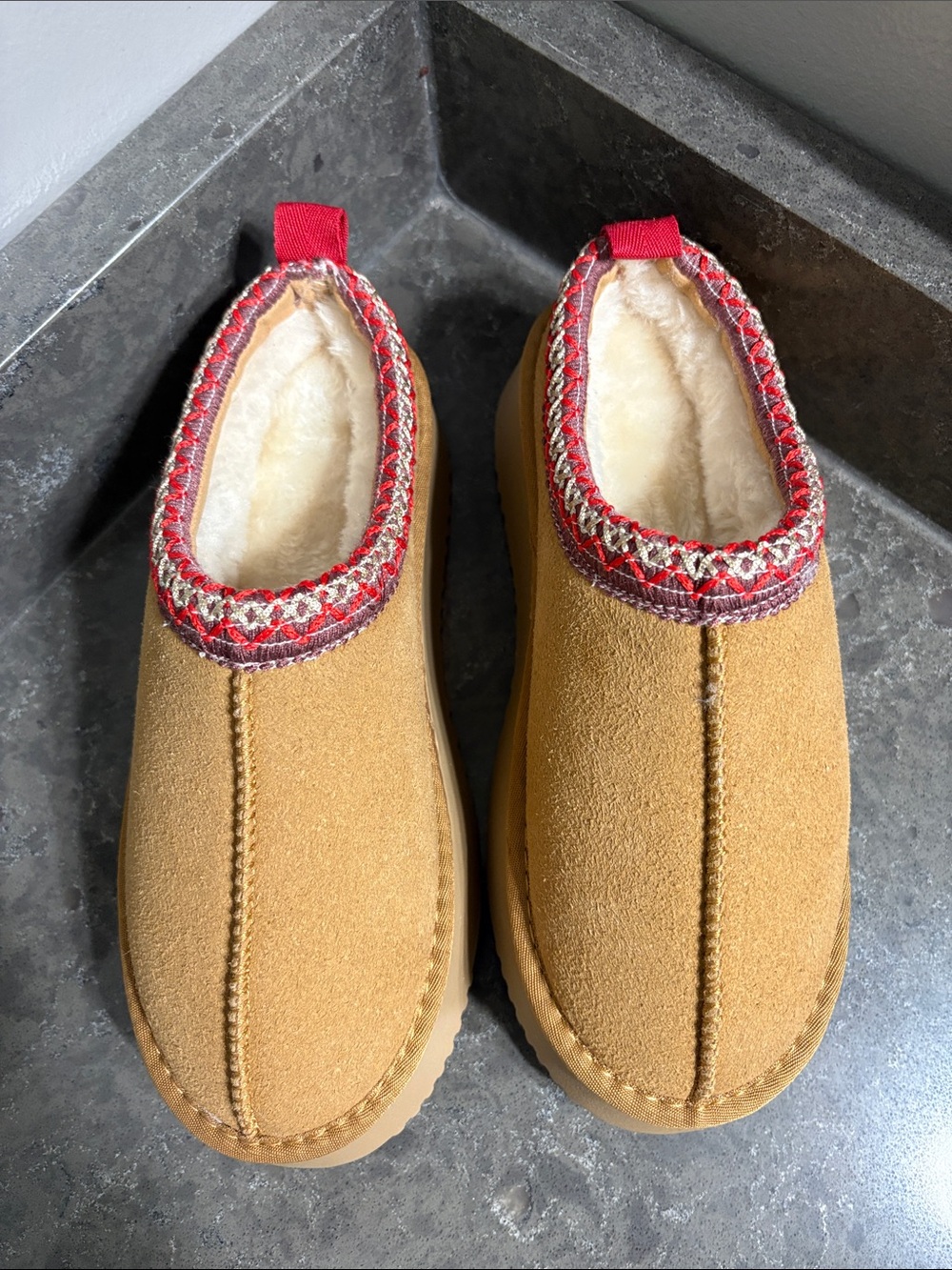 Woman’s Tan Plush Lined Platform Mules